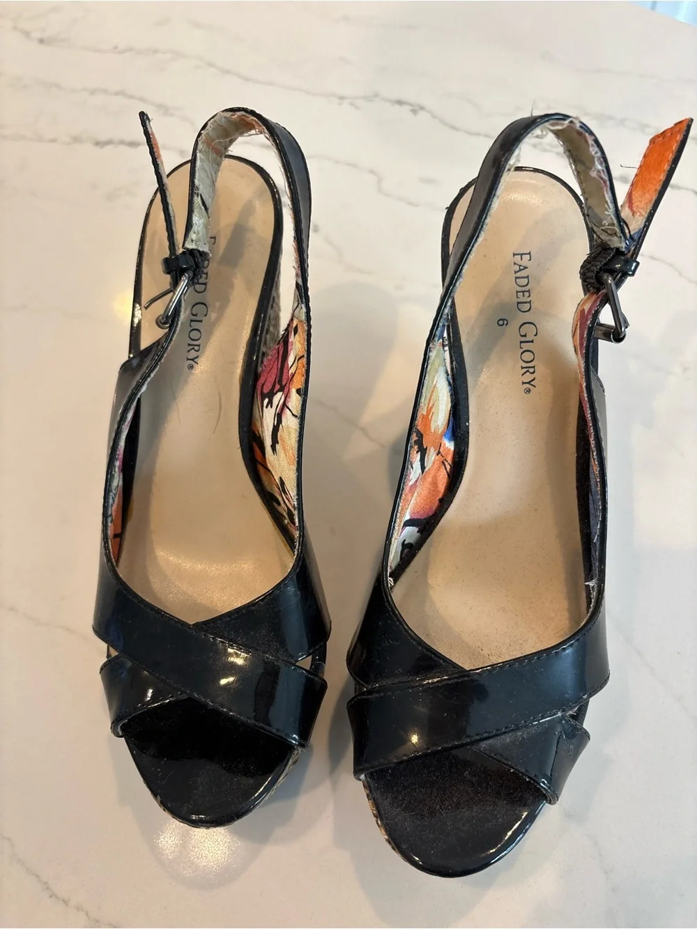 Faded Glory Black Patent Wedge Slingback Sandals SW